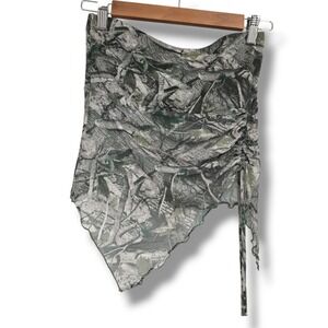 Rebellious Dreamer Camo Mesh Ruched Asymmetrical Mini Skirt Small Green Brown